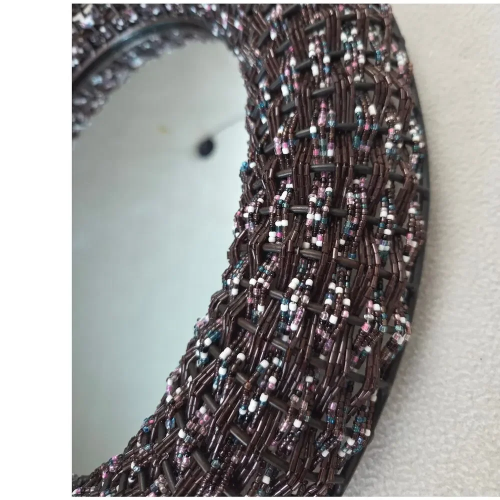 Vtg Metal Oval Beaded Wall Mirror Boho Deep Purple Brown Seed Beads